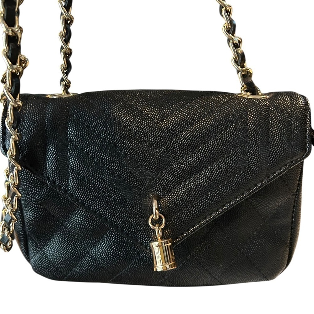 Faux Leather Quilted Shoulder/Crossbody Mini Bag with Gold Chain